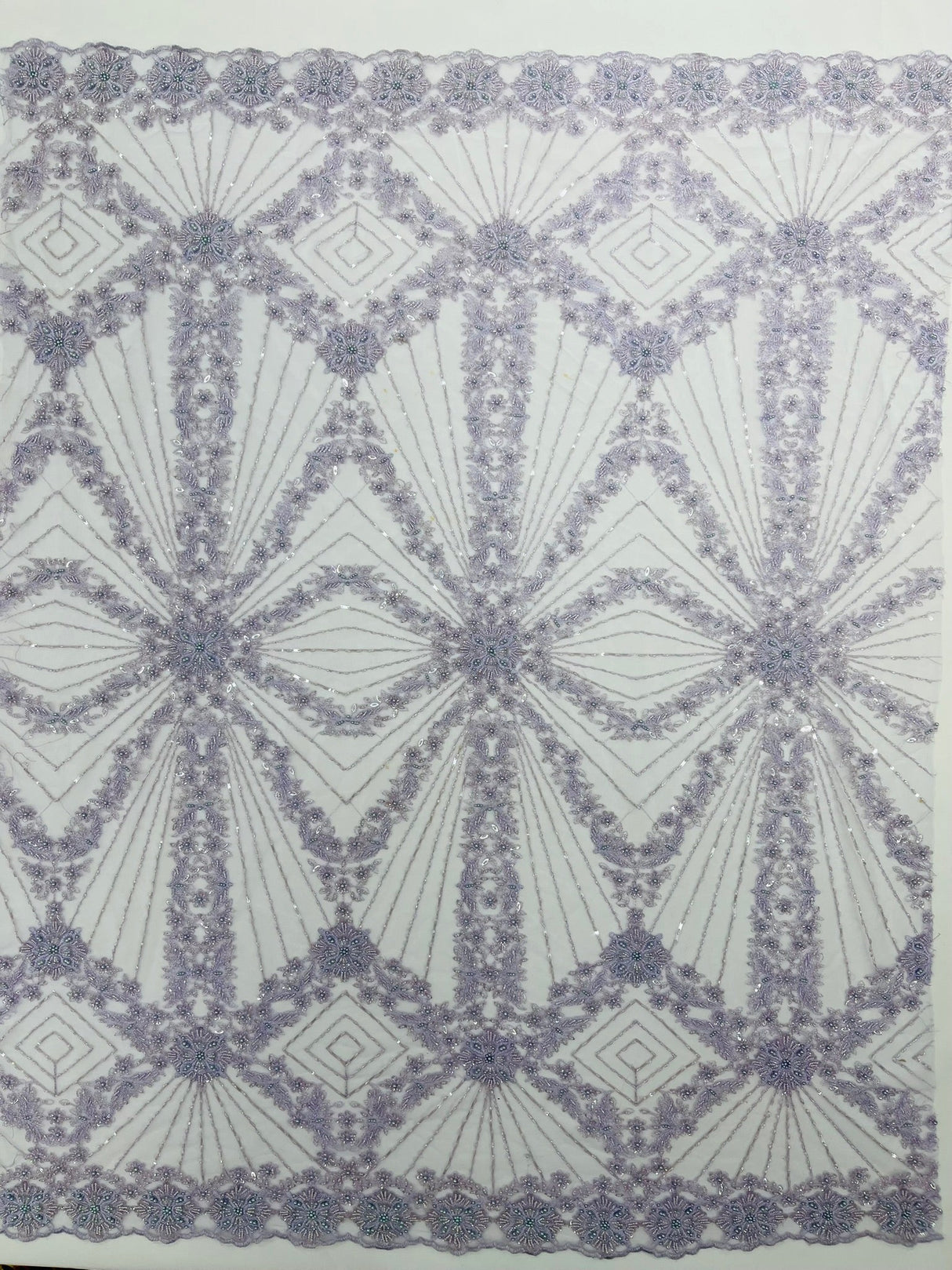 Luxury Bridal Fabric With Geometric Beading On Mesh - Beaded Mesh Fabric, 54" Width, Color Options (1 Yard)