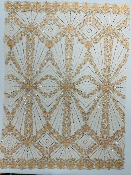 Luxury Bridal Fabric With Geometric Beading On Mesh - Beaded Mesh Fabric, 54" Width, Color Options (1 Yard)