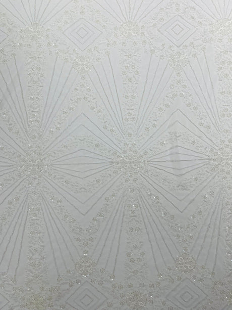 Luxury Bridal Fabric With Geometric Beading On Mesh - Beaded Mesh Fabric, 54" Width, Color Options (1 Yard)