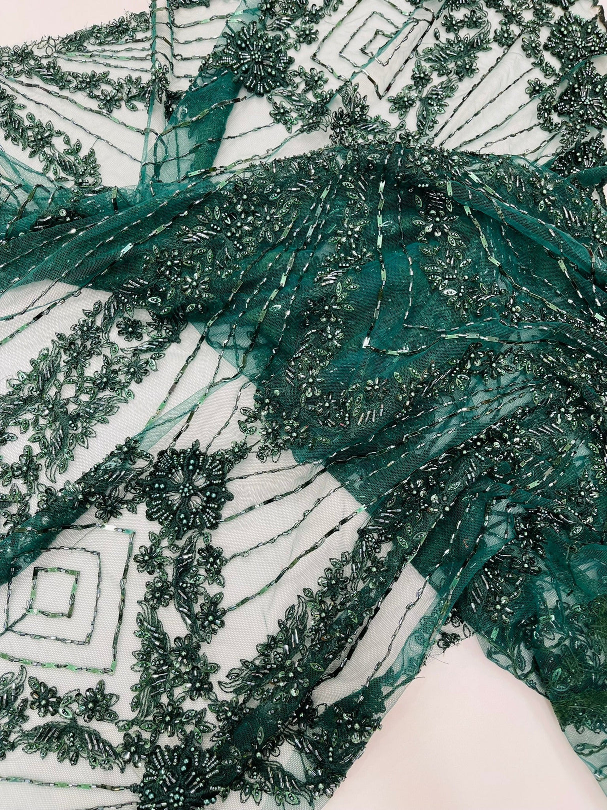 Luxury Bridal Fabric With Geometric Beading On Mesh - Beaded Mesh Fabric, 54" Width, Color Options (1 Yard)