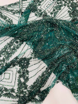 Luxury Bridal Fabric With Geometric Beading On Mesh - Beaded Mesh Fabric, 54" Width, Color Options (1 Yard)