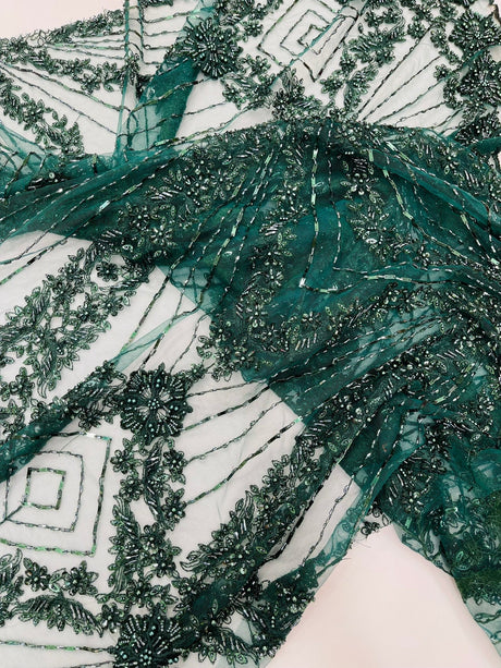 Luxury Bridal Fabric With Geometric Beading On Mesh - Beaded Mesh Fabric, 54" Width, Color Options (1 Yard)