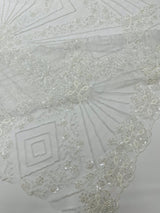 Luxury Bridal Fabric With Geometric Beading On Mesh - Beaded Mesh Fabric, 54" Width, Color Options (1 Yard)