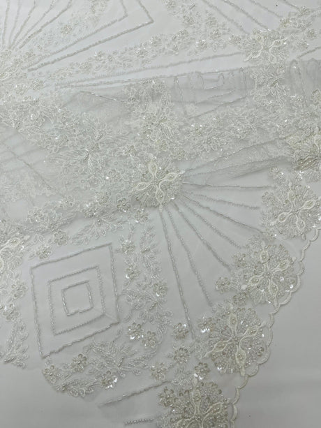 Luxury Bridal Fabric With Geometric Beading On Mesh - Beaded Mesh Fabric, 54" Width, Color Options (1 Yard)
