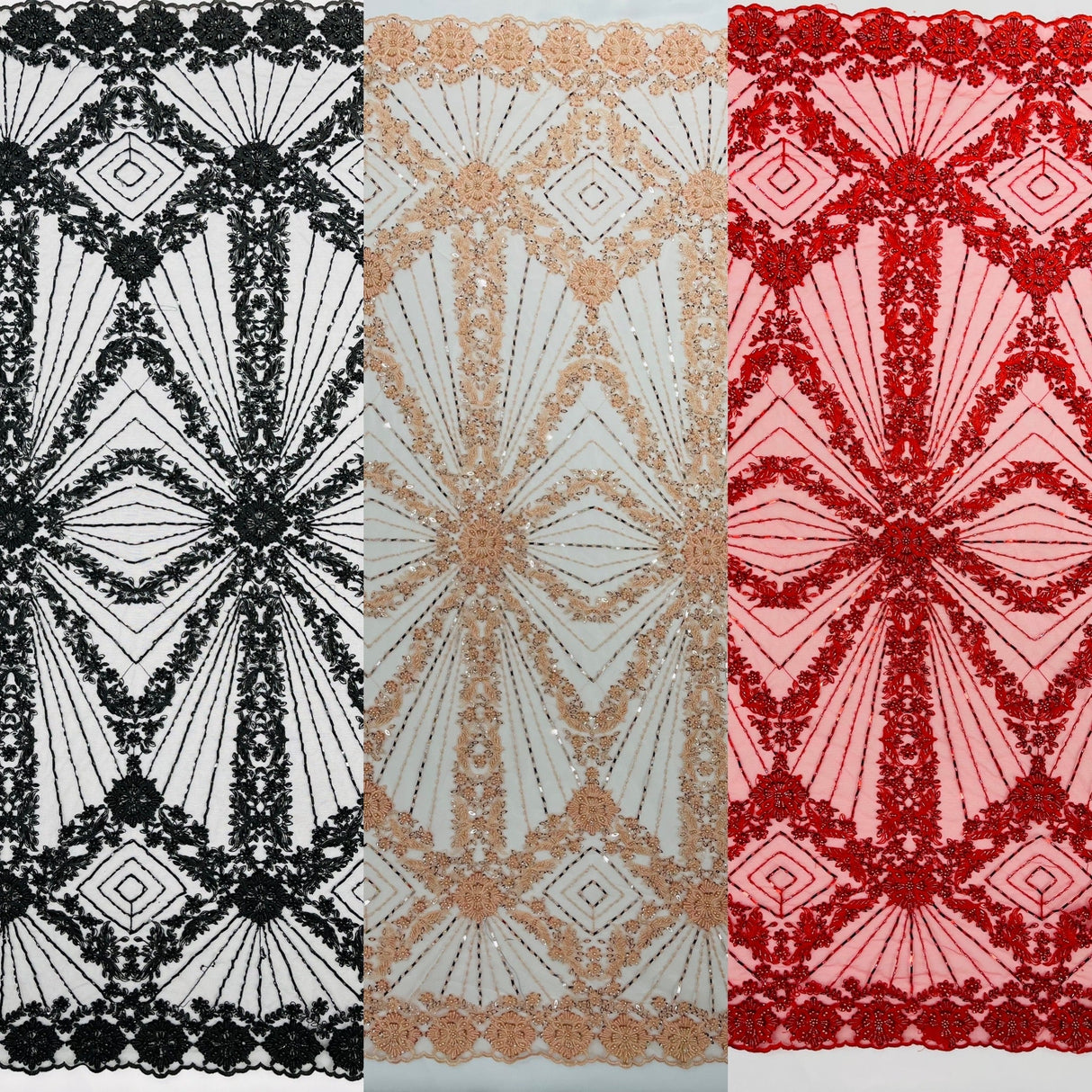 Luxury Bridal Fabric With Geometric Beading On Mesh - Beaded Mesh Fabric, 54" Width, Color Options (1 Yard)