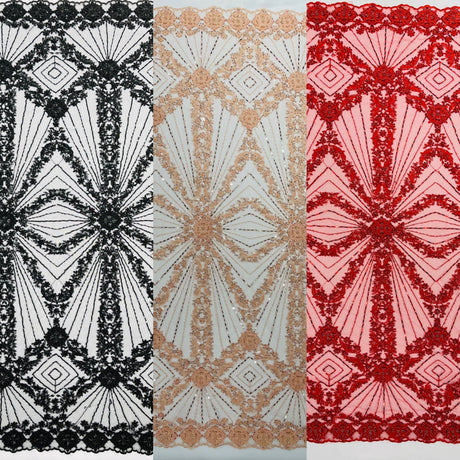 Luxury Bridal Fabric With Geometric Beading On Mesh - Beaded Mesh Fabric, 54" Width, Color Options (1 Yard)