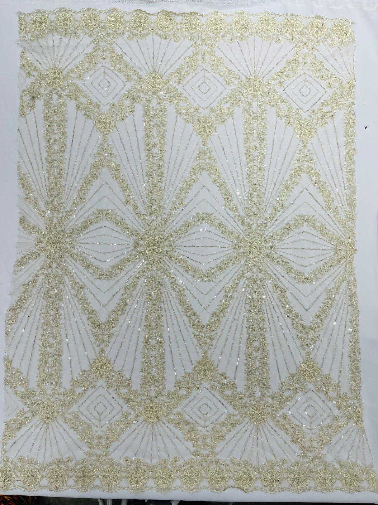 Luxury Bridal Fabric With Geometric Beading On Mesh - Beaded Mesh Fabric, 54" Width, Color Options (1 Yard)
