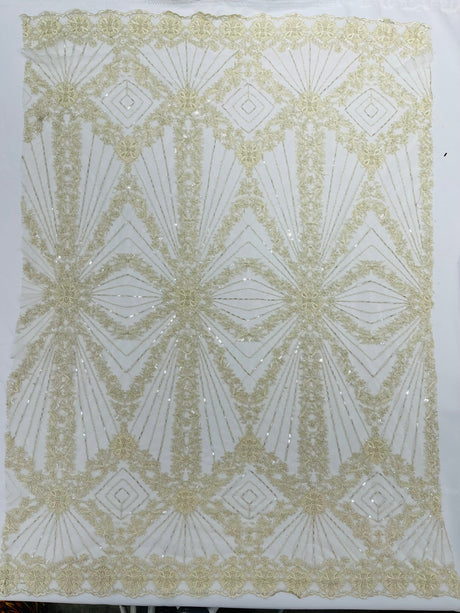 Luxury Bridal Fabric With Geometric Beading On Mesh - Beaded Mesh Fabric, 54" Width, Color Options (1 Yard)