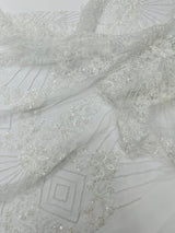 Luxury Bridal Fabric With Geometric Beading On Mesh - Beaded Mesh Fabric, 54" Width, Color Options (1 Yard)