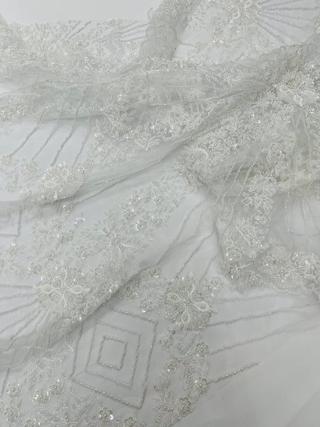Luxury Bridal Fabric With Geometric Beading On Mesh - Beaded Mesh Fabric, 54" Width, Color Options (1 Yard)
