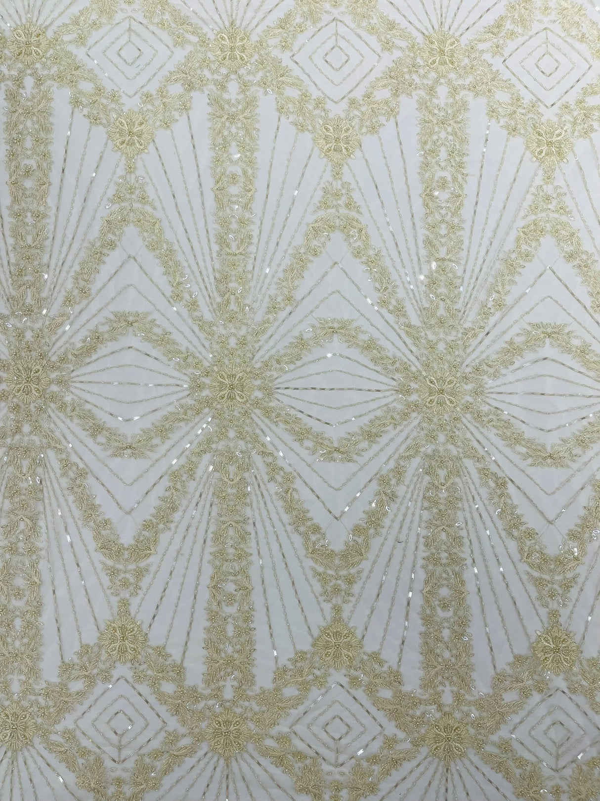 Luxury Bridal Fabric With Geometric Beading On Mesh - Beaded Mesh Fabric, 54" Width, Color Options (1 Yard)