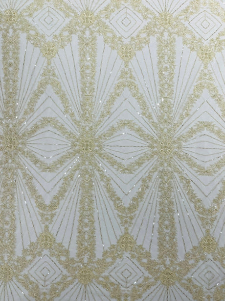 Luxury Bridal Fabric With Geometric Beading On Mesh - Beaded Mesh Fabric, 54" Width, Color Options (1 Yard)
