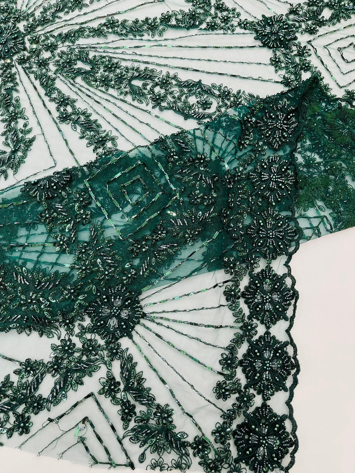Luxury Bridal Fabric With Geometric Beading On Mesh - Beaded Mesh Fabric, 54" Width, Color Options (1 Yard)