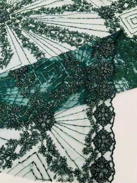 Luxury Bridal Fabric With Geometric Beading On Mesh - Beaded Mesh Fabric, 54" Width, Color Options (1 Yard)
