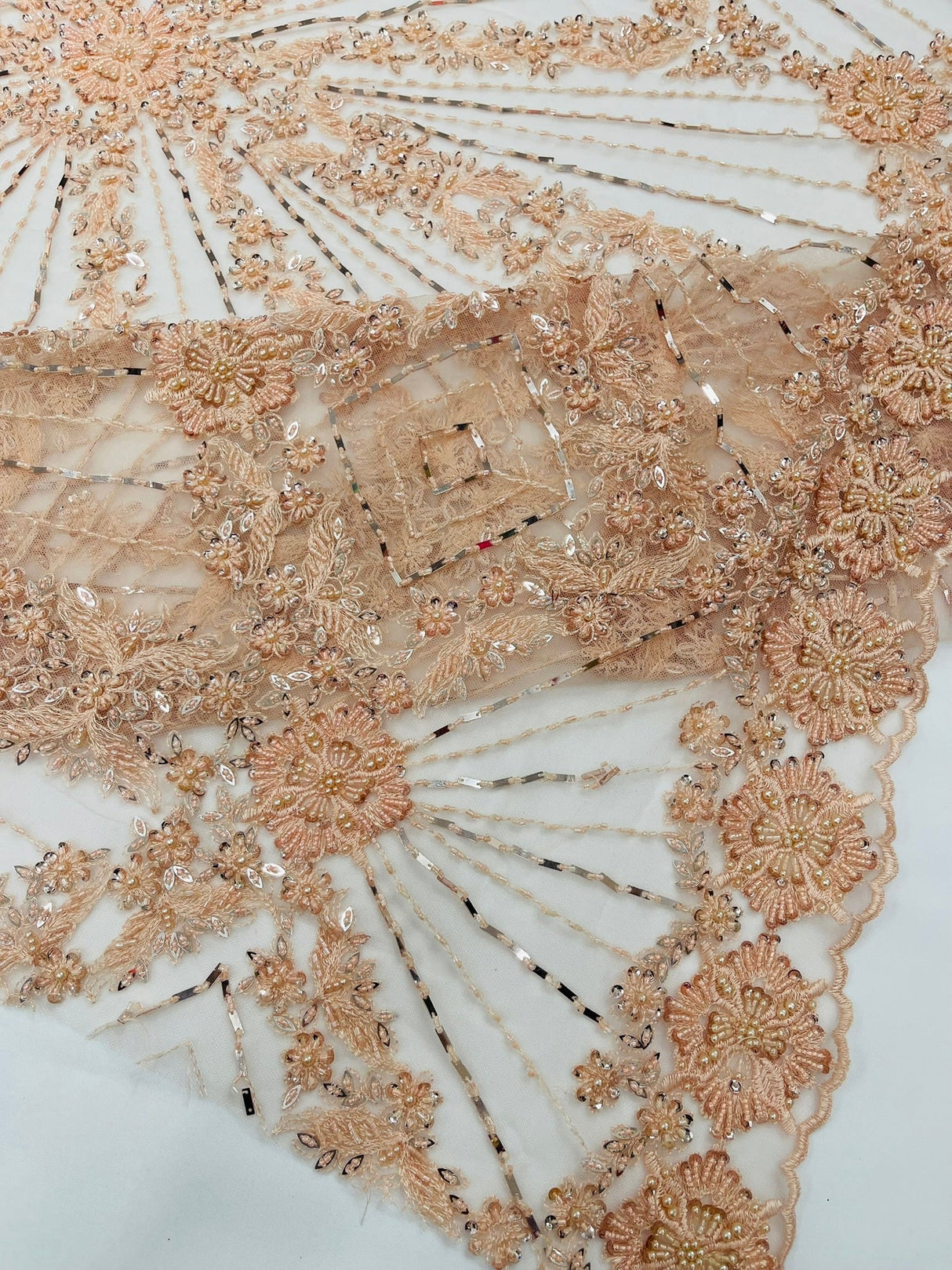 Luxury Bridal Fabric With Geometric Beading On Mesh - Beaded Mesh Fabric, 54" Width, Color Options (1 Yard)