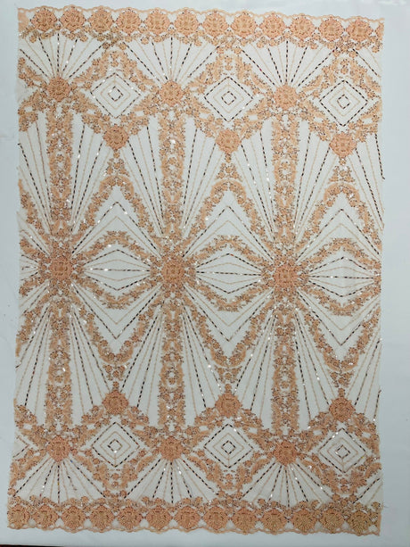 Luxury Bridal Fabric With Geometric Beading On Mesh - Beaded Mesh Fabric, 54" Width, Color Options (1 Yard)