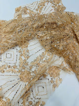 Luxury Bridal Fabric With Geometric Beading On Mesh - Beaded Mesh Fabric, 54" Width, Color Options (1 Yard)
