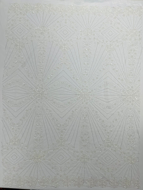 Luxury Bridal Fabric With Geometric Beading On Mesh - Beaded Mesh Fabric, 54" Width, Color Options (1 Yard)