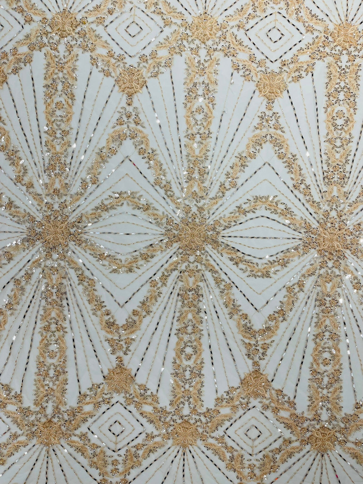 Luxury Bridal Fabric With Geometric Beading On Mesh - Beaded Mesh Fabric, 54" Width, Color Options (1 Yard)