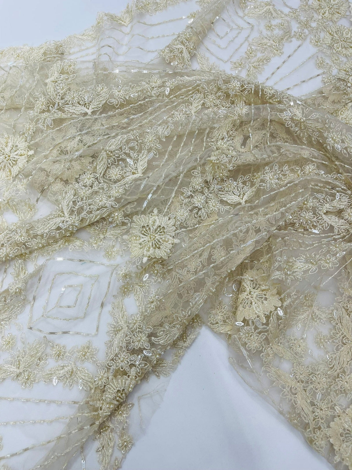 Luxury Bridal Fabric With Geometric Beading On Mesh - Beaded Mesh Fabric, 54" Width, Color Options (1 Yard)