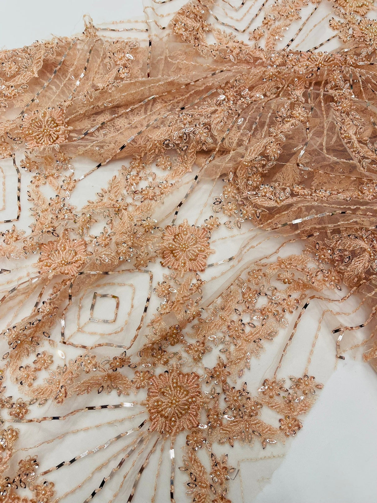 Luxury Bridal Fabric With Geometric Beading On Mesh - Beaded Mesh Fabric, 54" Width, Color Options (1 Yard)