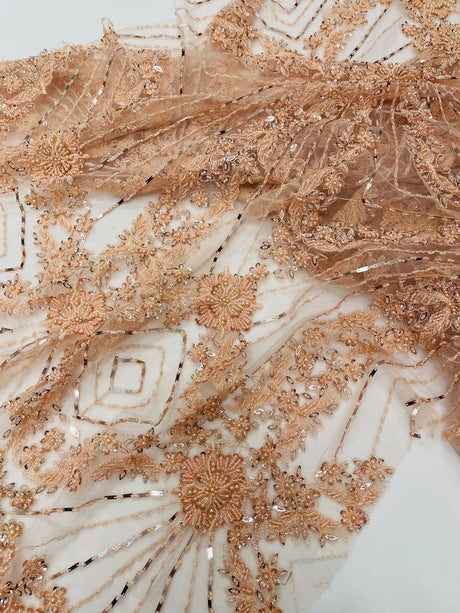 Luxury Bridal Fabric With Geometric Beading On Mesh - Beaded Mesh Fabric, 54" Width, Color Options (1 Yard)