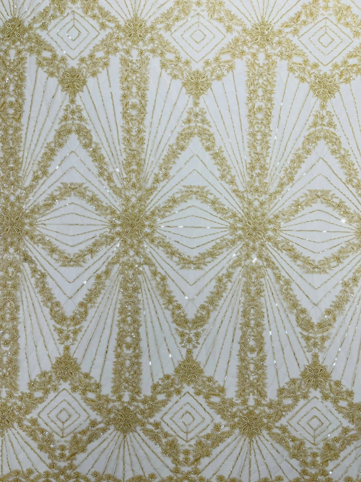 Luxury Bridal Fabric With Geometric Beading On Mesh - Beaded Mesh Fabric, 54" Width, Color Options (1 Yard)