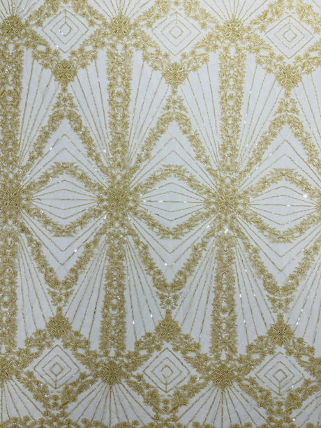 Luxury Bridal Fabric With Geometric Beading On Mesh - Beaded Mesh Fabric, 54" Width, Color Options (1 Yard)