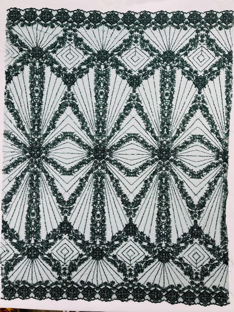 Luxury Bridal Fabric With Geometric Beading On Mesh - Beaded Mesh Fabric, 54" Width, Color Options (1 Yard)
