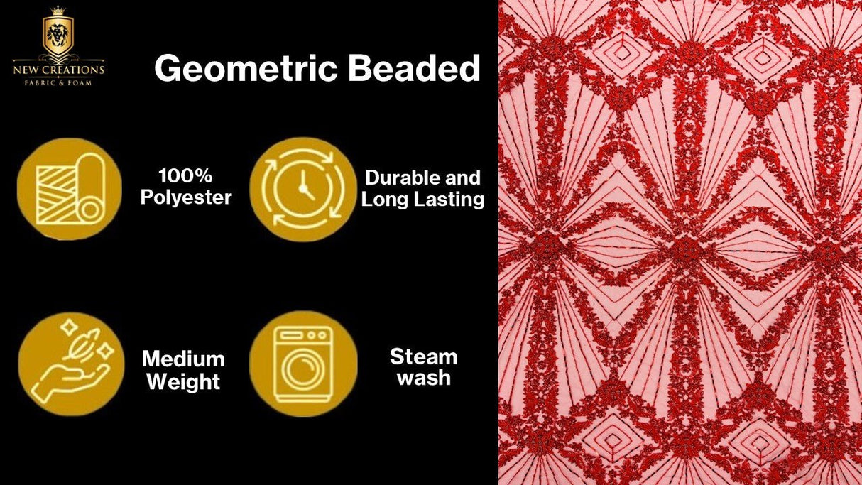 Luxury Bridal Fabric With Geometric Beading On Mesh - Beaded Mesh Fabric, 54" Width, Color Options (1 Yard)