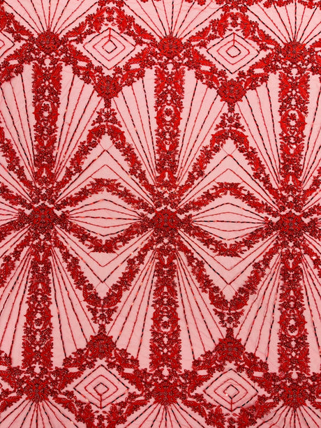 Luxury Bridal Fabric With Geometric Beading On Mesh - Beaded Mesh Fabric, 54" Width, Color Options (1 Yard)