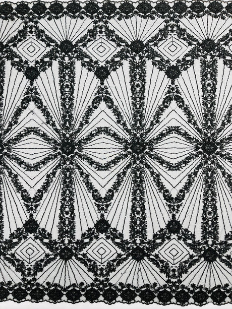 Luxury Bridal Fabric With Geometric Beading On Mesh - Beaded Mesh Fabric, 54" Width, Color Options (1 Yard)