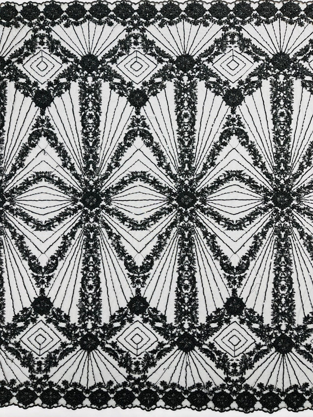 Luxury Bridal Fabric With Geometric Beading On Mesh - Beaded Mesh Fabric, 54" Width, Color Options (1 Yard)
