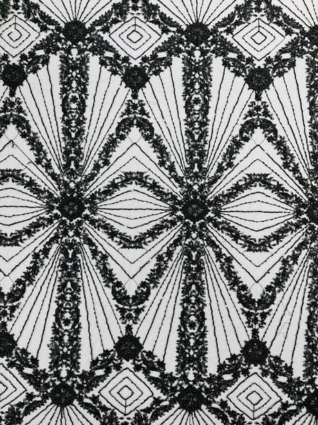 Luxury Bridal Fabric With Geometric Beading On Mesh - Beaded Mesh Fabric, 54" Width, Color Options (1 Yard)