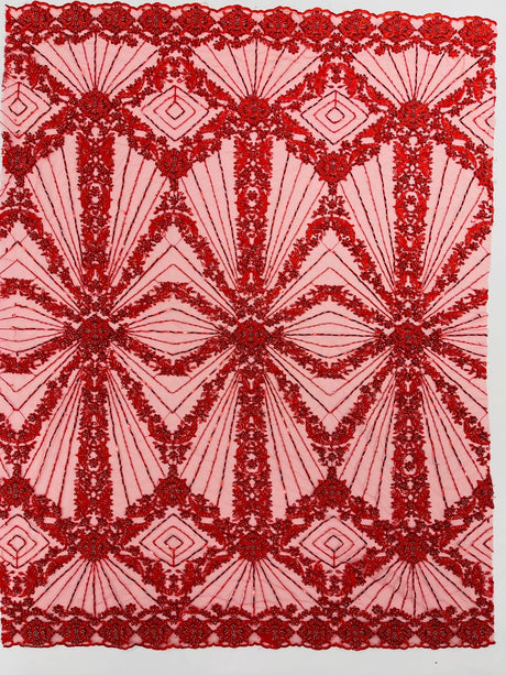 Luxury Bridal Fabric With Geometric Beading On Mesh - Beaded Mesh Fabric, 54" Width, Color Options (1 Yard)