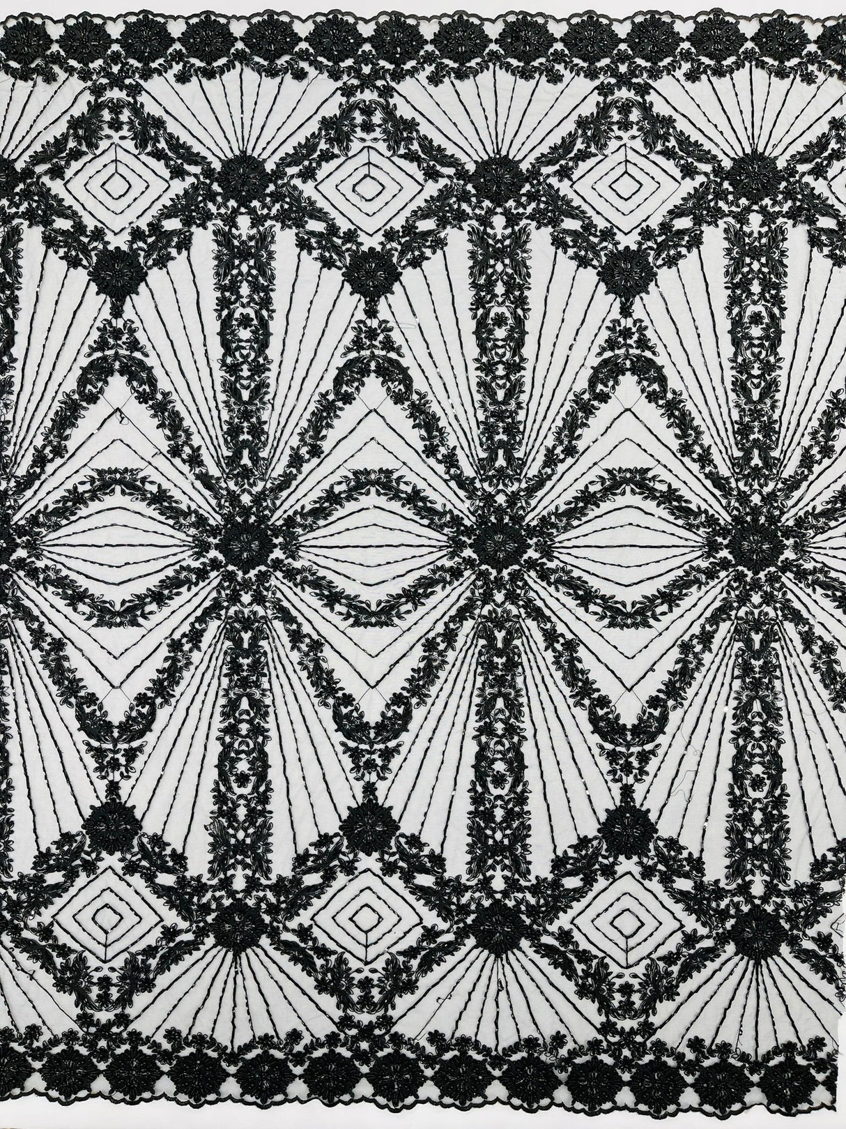 Luxury Bridal Fabric With Geometric Beading On Mesh - Beaded Mesh Fabric, 54" Width, Color Options (1 Yard)