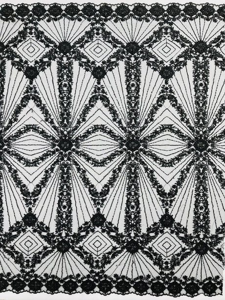 Luxury Bridal Fabric With Geometric Beading On Mesh - Beaded Mesh Fabric, 54" Width, Color Options (1 Yard)