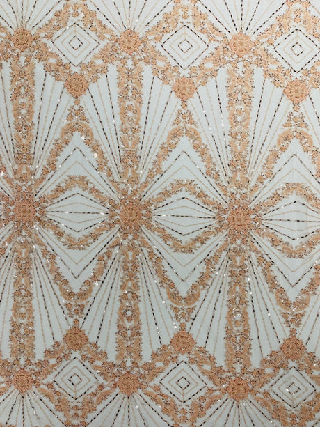 Luxury Bridal Fabric With Geometric Beading On Mesh - Beaded Mesh Fabric, 54" Width, Color Options (1 Yard)