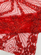 Luxury Bridal Fabric With Geometric Beading On Mesh - Beaded Mesh Fabric, 54" Width, Color Options (1 Yard)