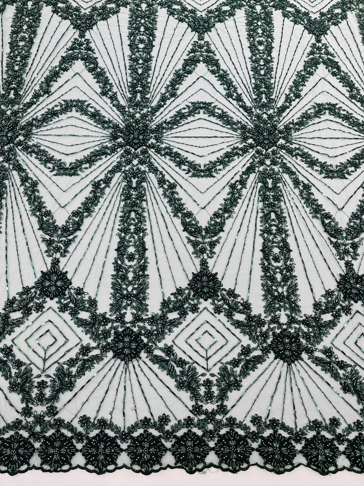 Luxury Bridal Fabric With Geometric Beading On Mesh - Beaded Mesh Fabric, 54" Width, Color Options (1 Yard)