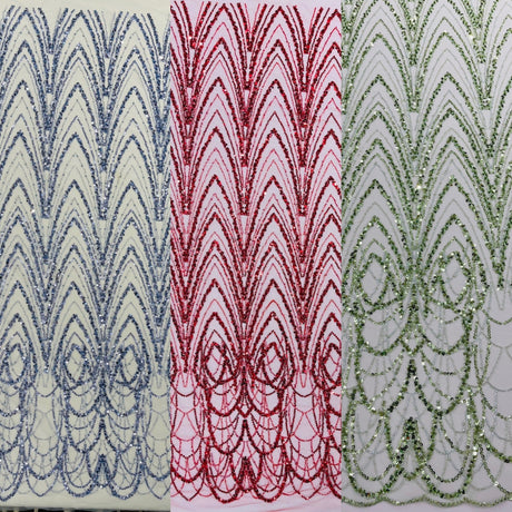 Luxury Chain Geometric Beaded Lace Fabric - Geometric Chain Beaded Lace, 54" Width (1 Yard)
