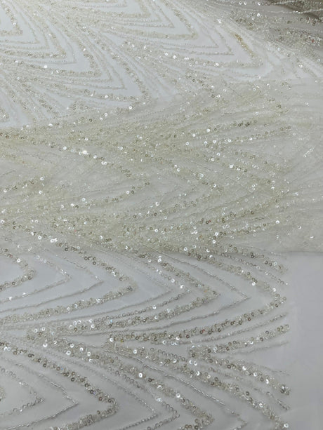 Luxury Chain Geometric Beaded Lace Fabric - Geometric Chain Beaded Lace, 54" Width (1 Yard)