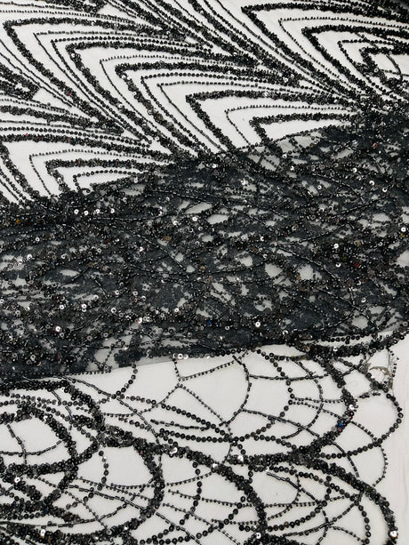 Luxury Chain Geometric Beaded Lace Fabric - Geometric Chain Beaded Lace, 54" Width (1 Yard)
