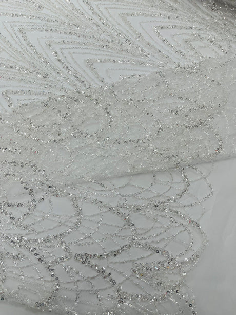Luxury Chain Geometric Beaded Lace Fabric - Geometric Chain Beaded Lace, 54" Width (1 Yard)