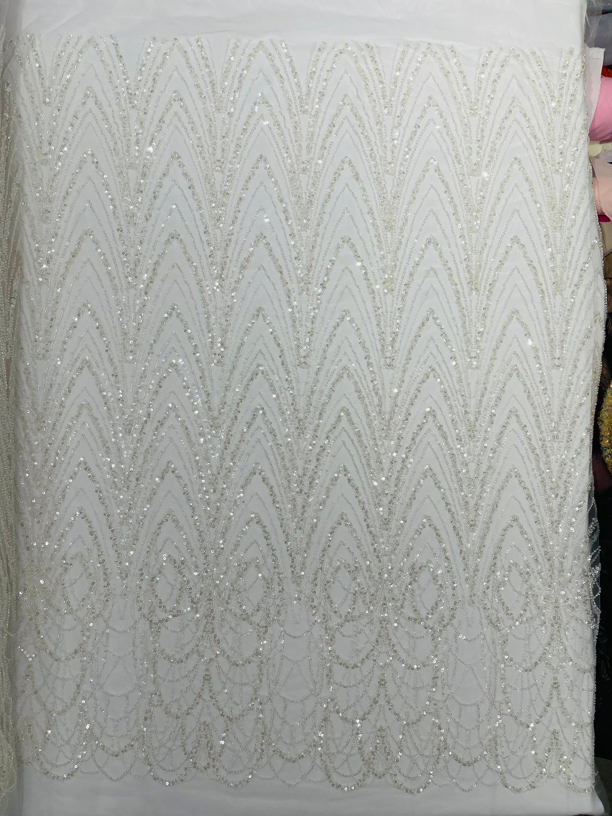 Luxury Chain Geometric Beaded Lace Fabric - Geometric Chain Beaded Lace, 54" Width (1 Yard)