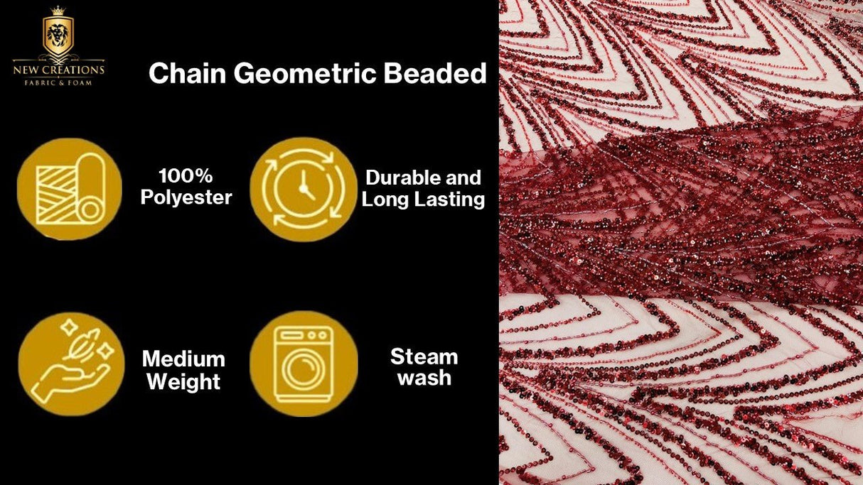 Luxury Chain Geometric Beaded Lace Fabric - Geometric Chain Beaded Lace, 54" Width (1 Yard)