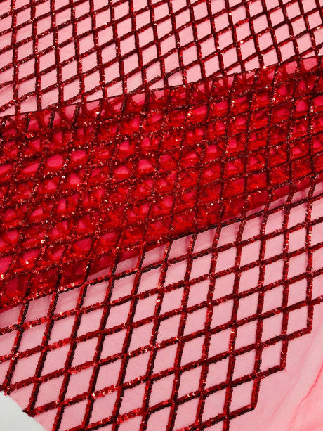 Luxury Diamond Design Mini Glitz Sequins Mesh Fabric - Diamond Pattern, 54" Width (1 Yard)