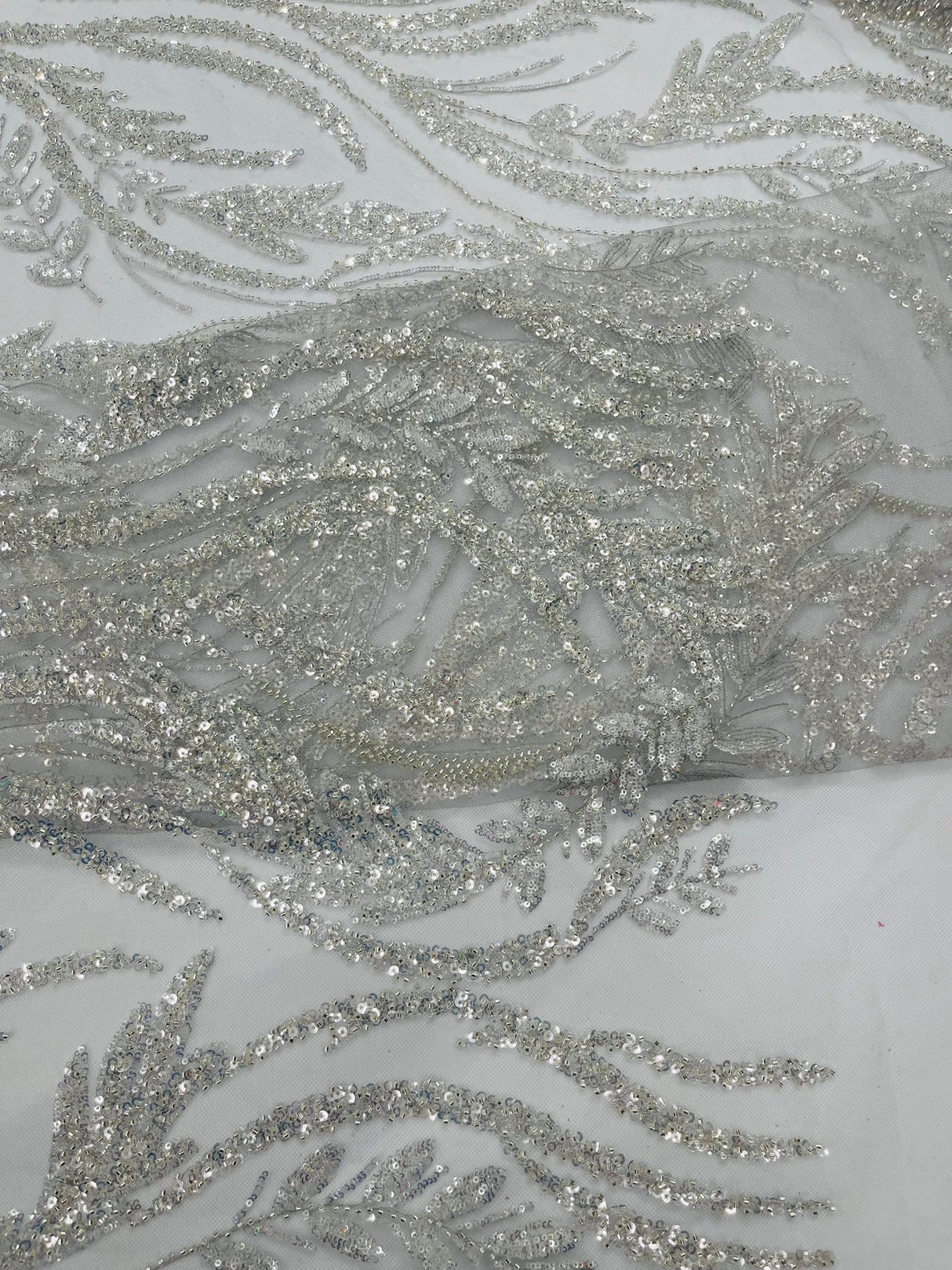 Luxury Festival Beaded Vine Lace Polyester Fabric - Heavy Beaded Mesh Lace, Double Scalloped, 50-54" Width (1 Yard)