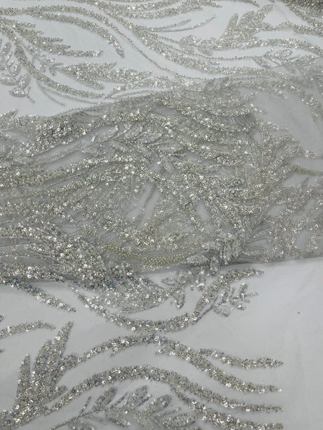 Luxury Festival Beaded Vine Lace Polyester Fabric - Heavy Beaded Mesh Lace, Double Scalloped, 50-54" Width (1 Yard)