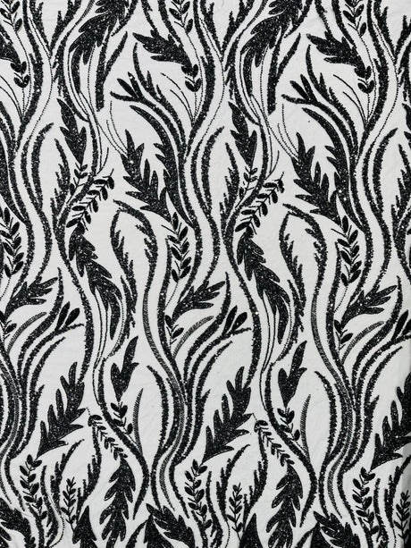Luxury Festival Beaded Vine Lace Polyester Fabric - Heavy Beaded Mesh Lace, Double Scalloped, 50-54" Width (1 Yard)